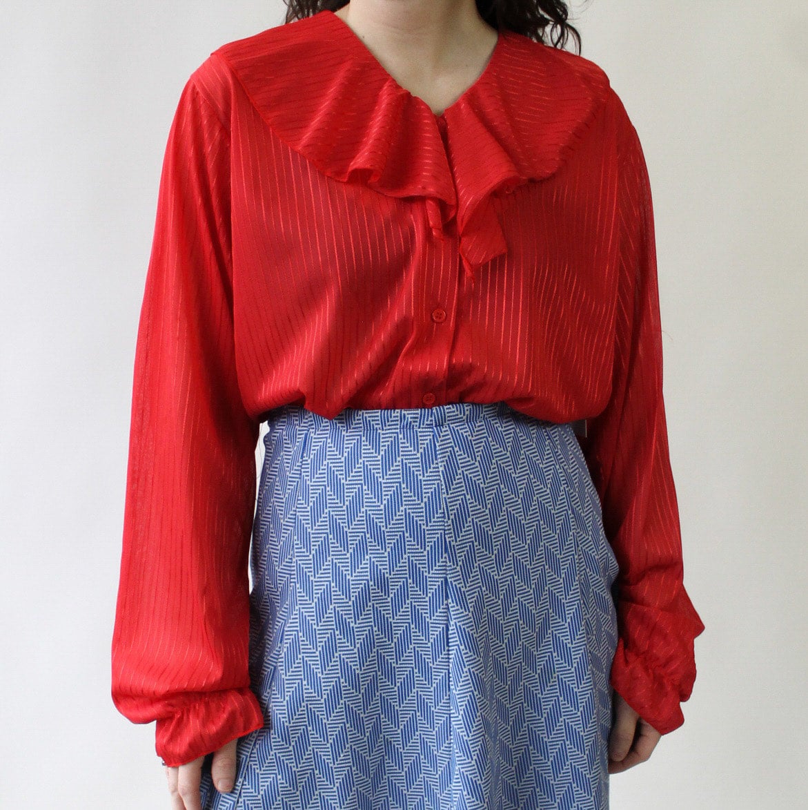 Highway Robbery Vintage 80s Red Sheer Stripes Blouse with Ruffle Neck