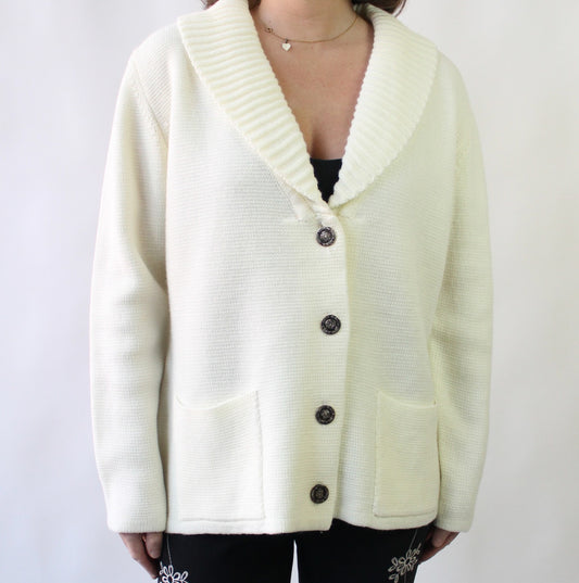 60s Off White Shawl Collar Cardigan with Brassy Buttons