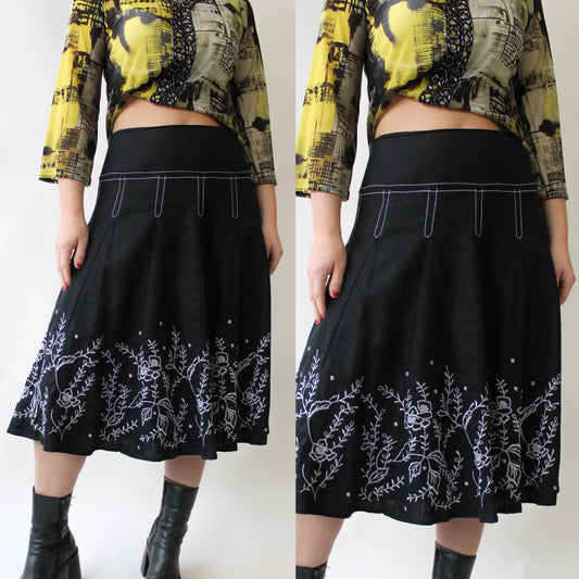 Y2K Linen Blend Skirt with Embroidery