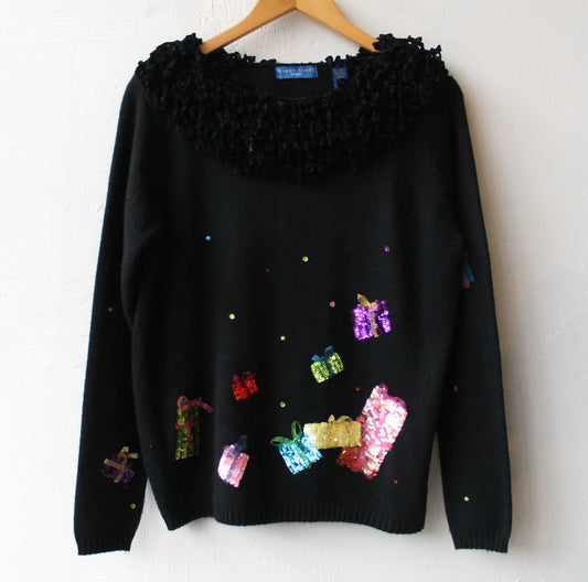 90s Presents Holiday Sweater with Chenille Fringe Collar