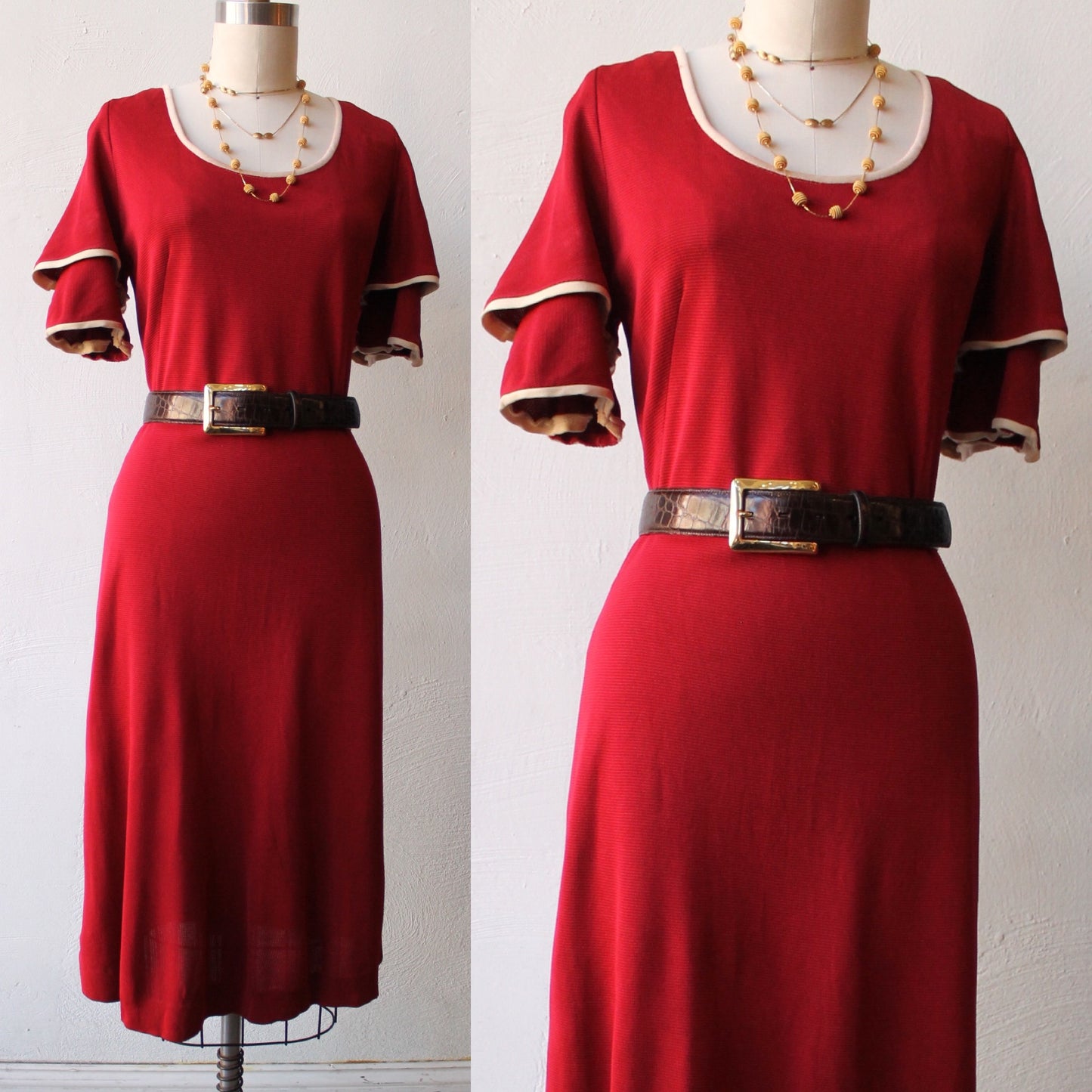 60s Simple Reddish Dress with Off White Trim