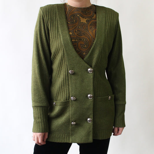 90s Long Green Cardigan with Ribbed Accents