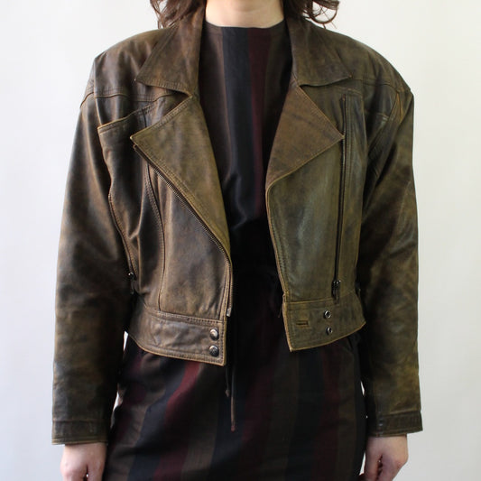 80s Distressed Brown Leather Moto Jacket