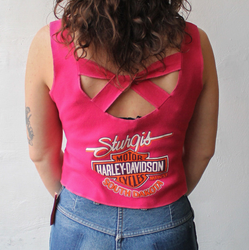 90s Hot Pink Electric Harley Davidson Crossback Tank