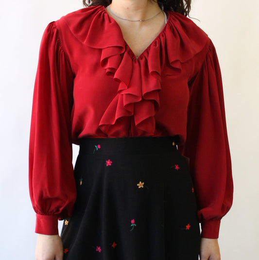 90s Red Silk Blouse with Ruffles