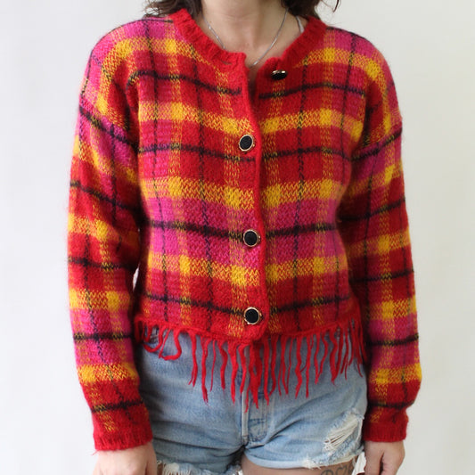 90s Mohair Blend Plaid Cardigan with Fringe