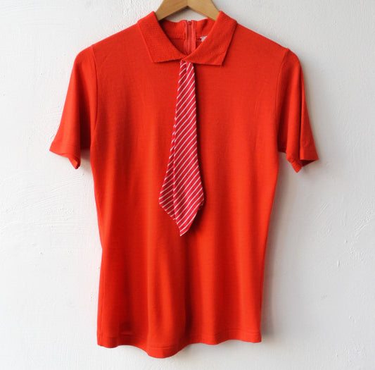 60s Tomato Polo Top with Striped Tie