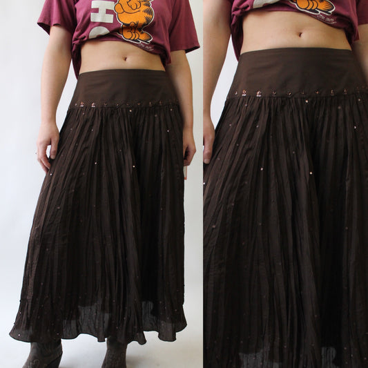 Y2K Laura Ashley Brown Silk Skirt Sequin Maxi Skirt