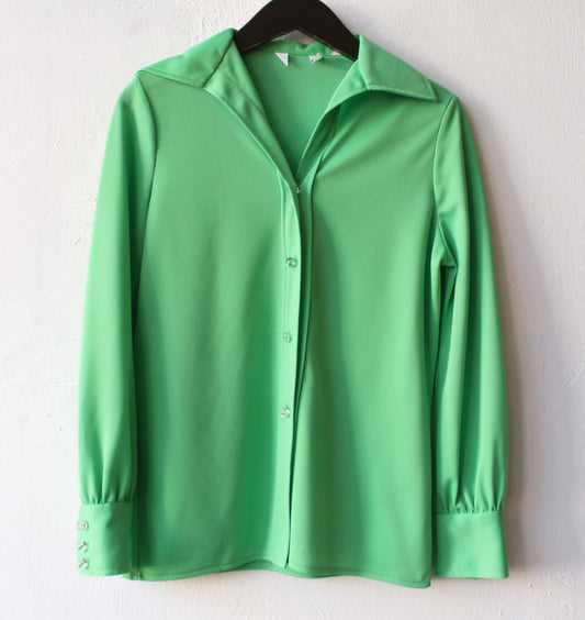 70s Green Poly Blouse with Clear Buttons