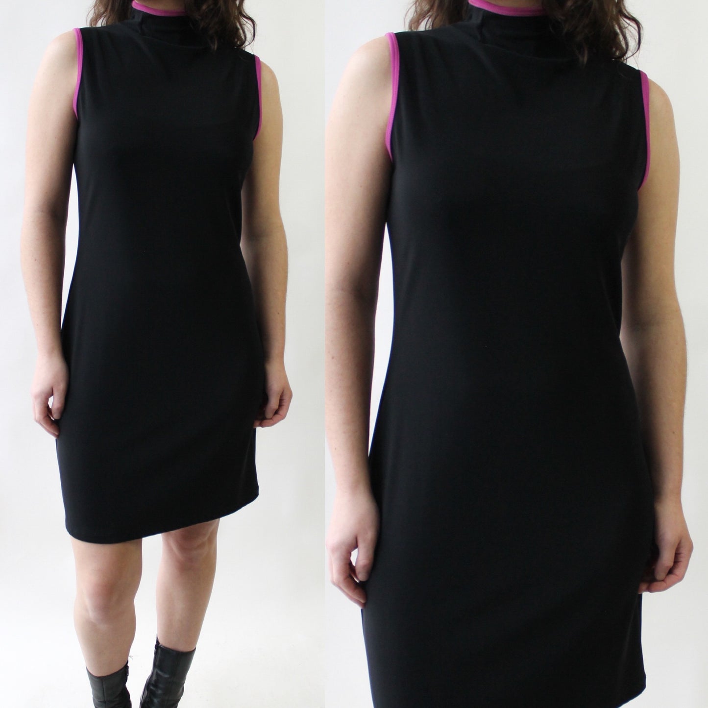 90s Slinky High Neck Black Dress with Purple Trim