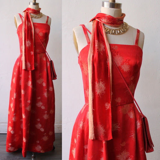 60s Red Brocade Silk Gown