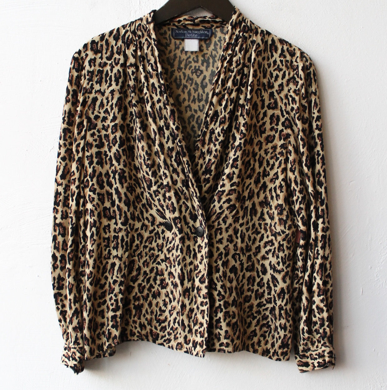 90s Draped Leopard Print Plunge Blouse