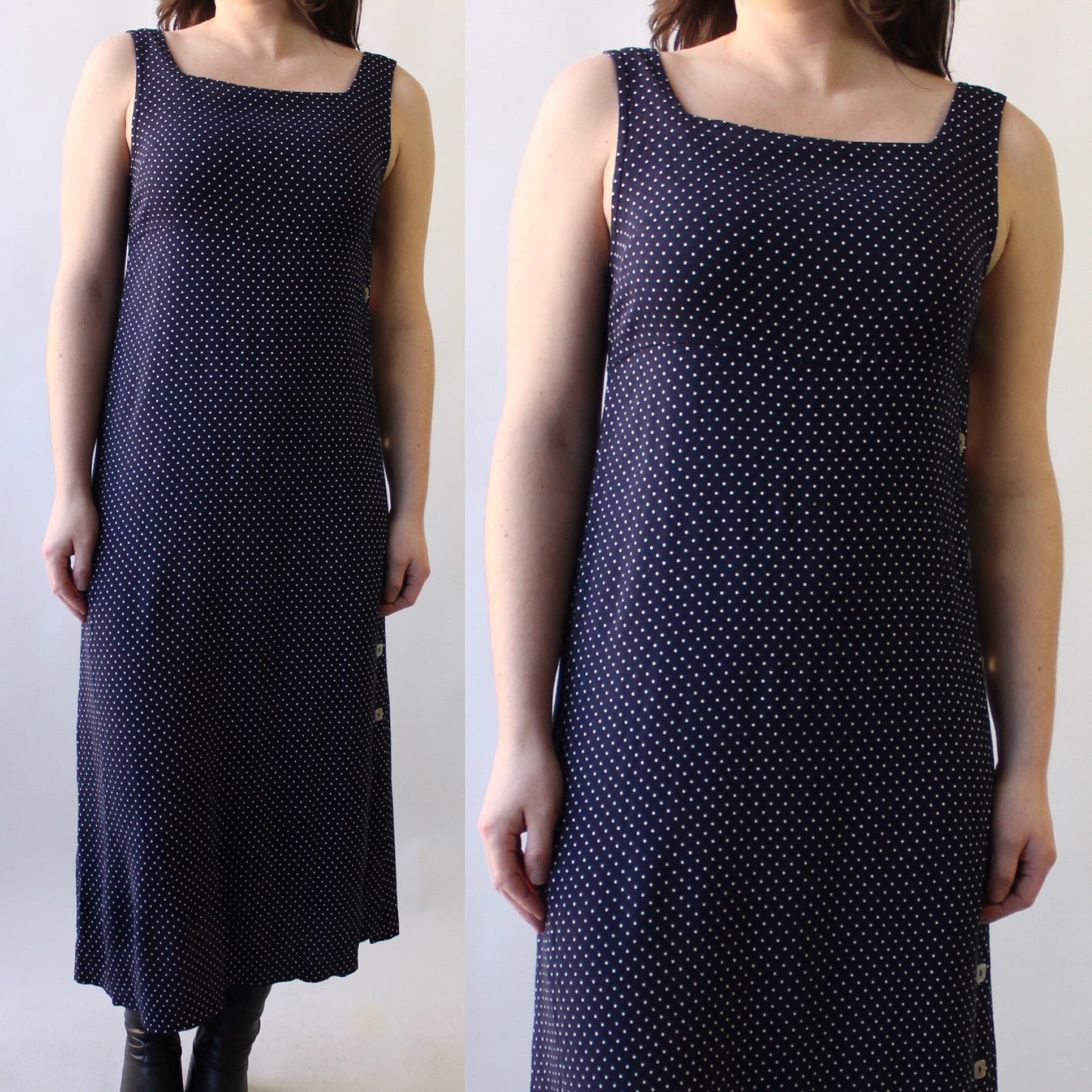 90s Navy Polka Dot Dress with Shell Buttons