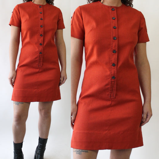 60s Red Orange Weighty Cotton Dress with Cute Pockets