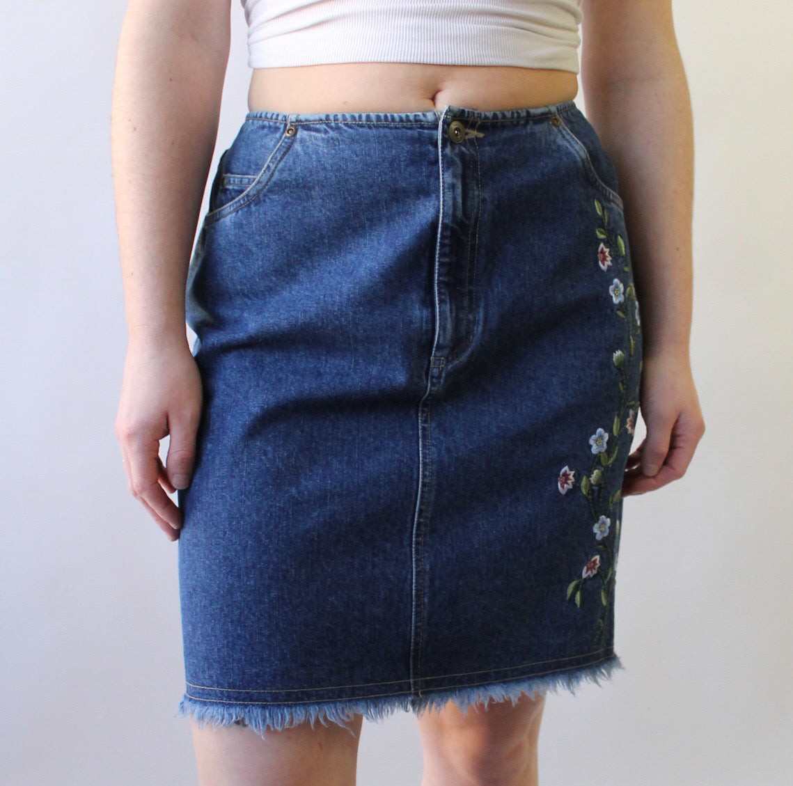 Y2K Denim Skirt with Embroidered Flowers