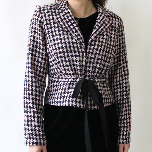 Y2K Chanel Vibes Houndstooth Blazer with Tie Waist