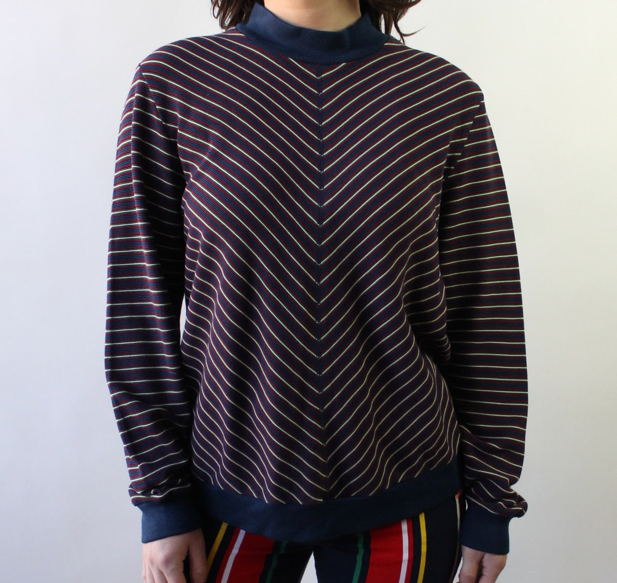 80s Mock Neck Poly Bias Stripes Shirt