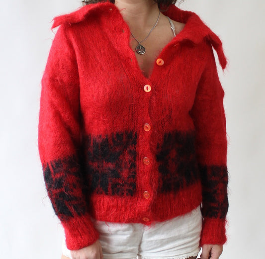 60s Hand Knit Red and Black Cardigan