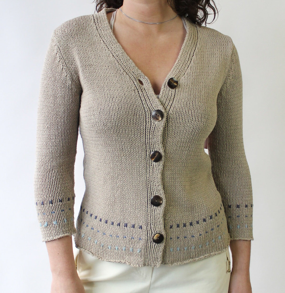 90s Neutral Silk Knit Cardigan with Blue Details