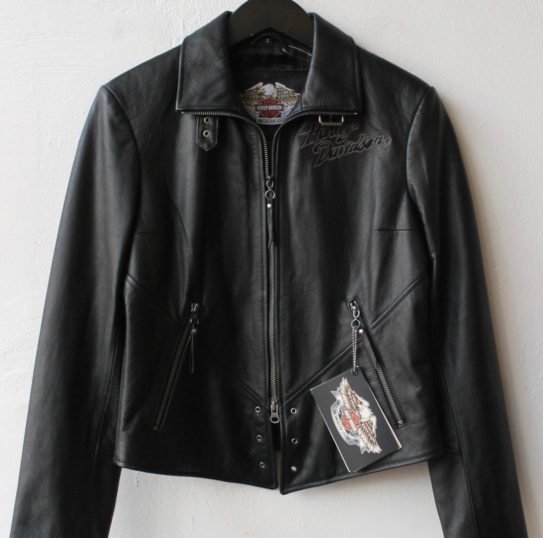 Y2K Deadstock Harley Davidson Embroidered Cafe Racer Leather Jacket