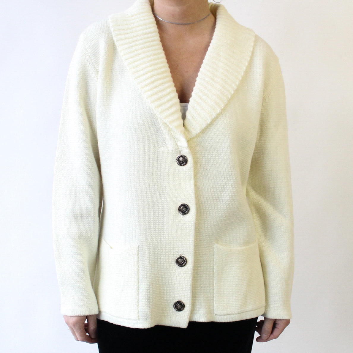 60s Off White Shawl Collar Cardigan with Brassy Buttons