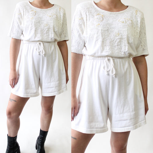 80s White Romper with Sequins and Lace