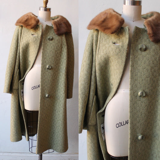 60s Sage Textured Swing Coat with Fur Collar