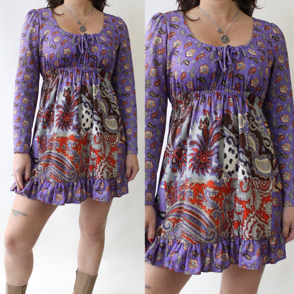 60s Paisley Mixed Print Babydoll Dress