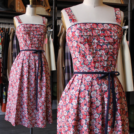 80s Pleated Floral Cotton Dress with Tie Belt