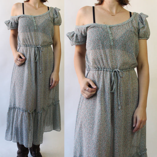 70s Foxy Lady Semi Sheer Ditzy Floral Prairie Dress