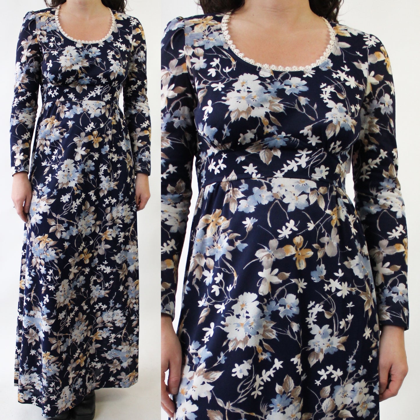 70s Blue on Blue Floral Maxi Dress with Sweet Trim