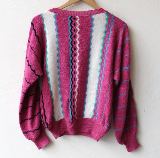 80s Fuchsia Funky Lines Sweater