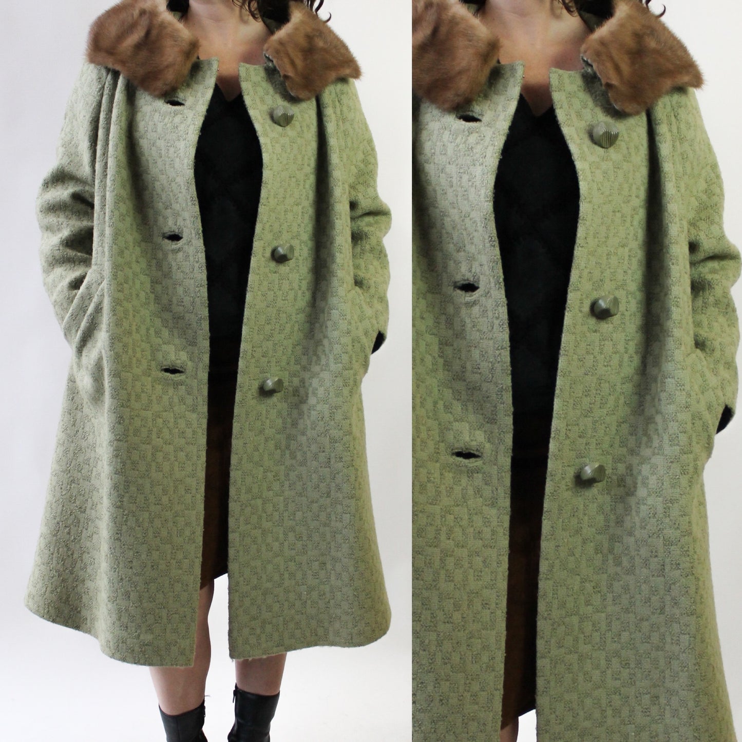 60s Sage Textured Swing Coat with Fur Collar