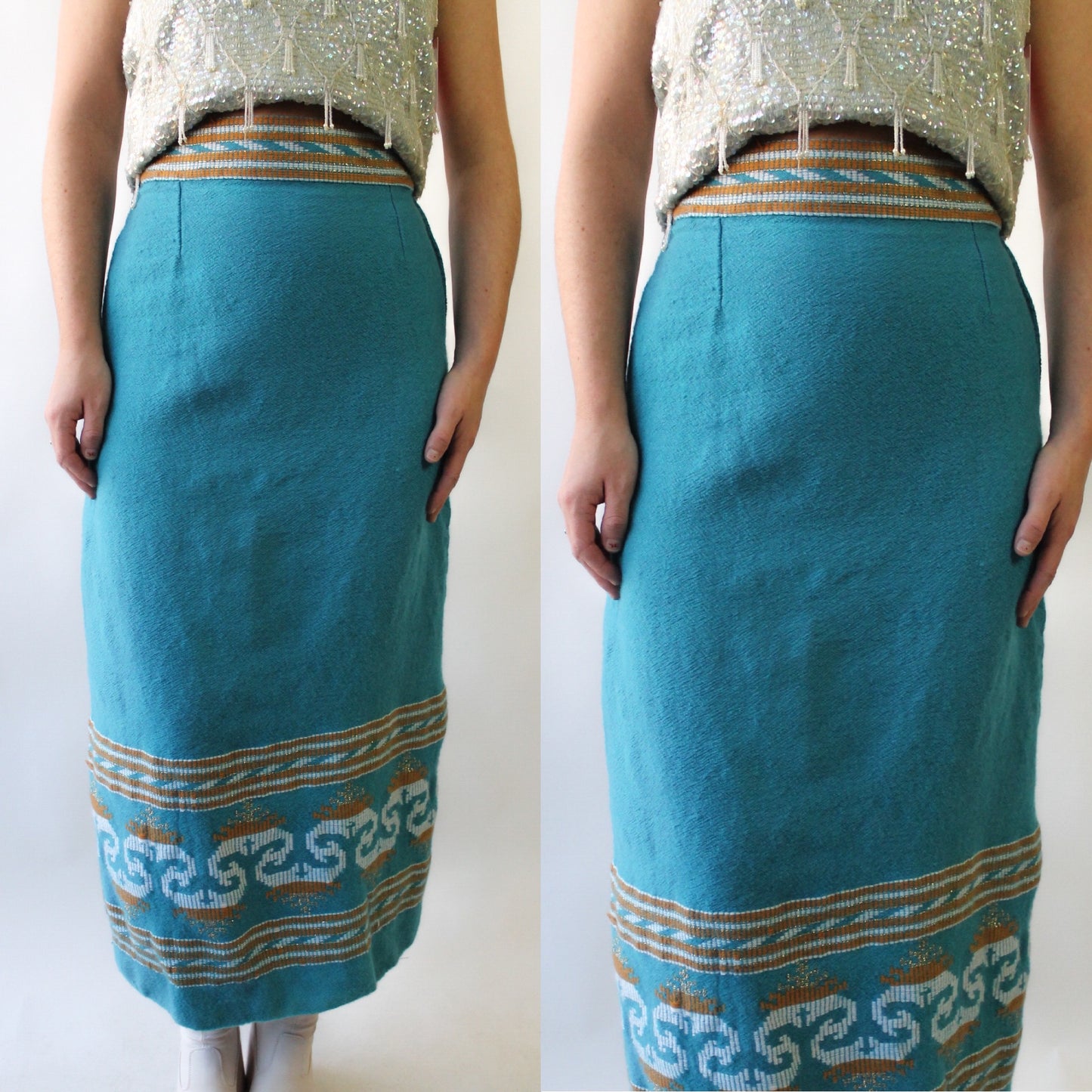 60s Teal Woolen Maxi Skirt with Speical Trim