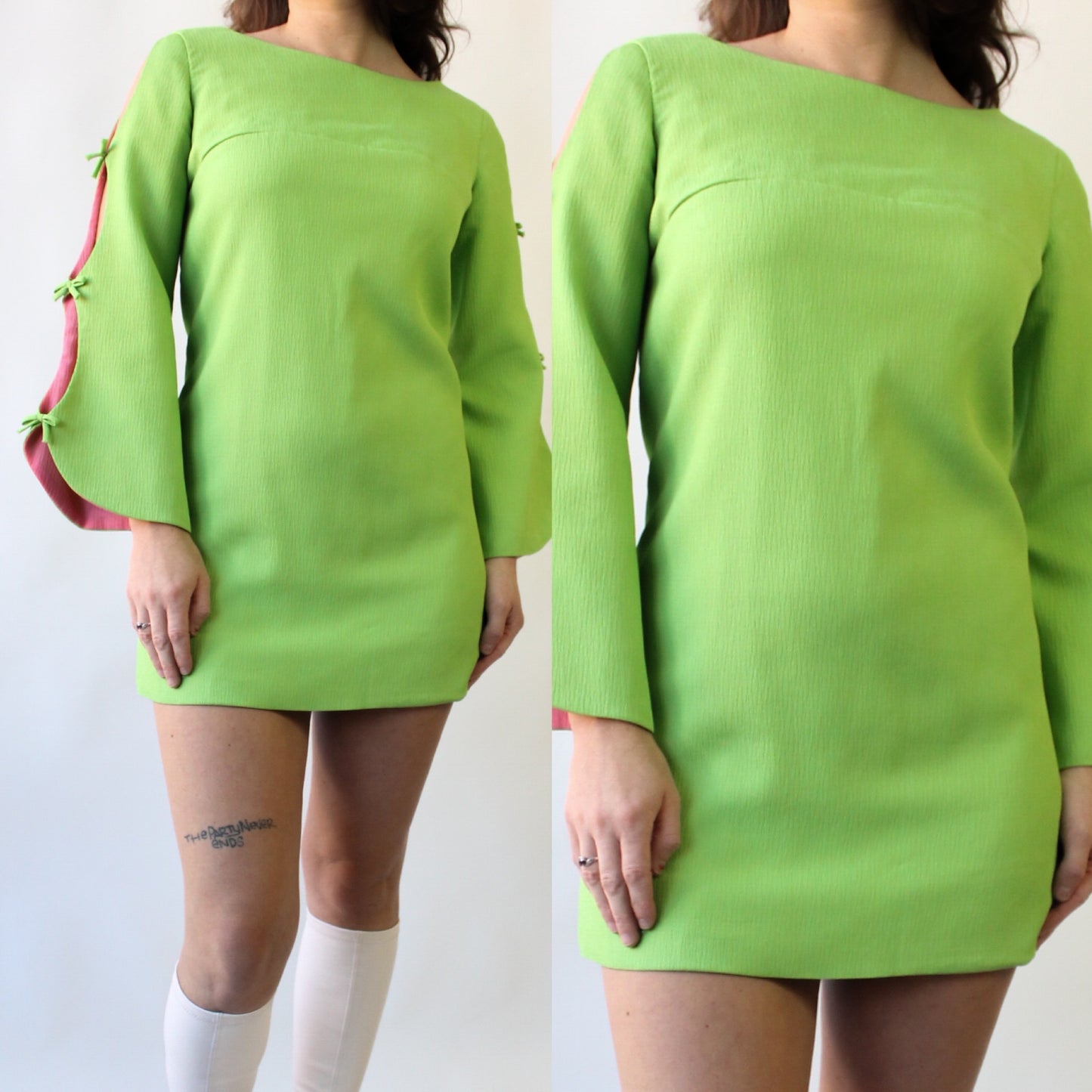 60s Green Mini Dress with Cut Out Angel Sleeves