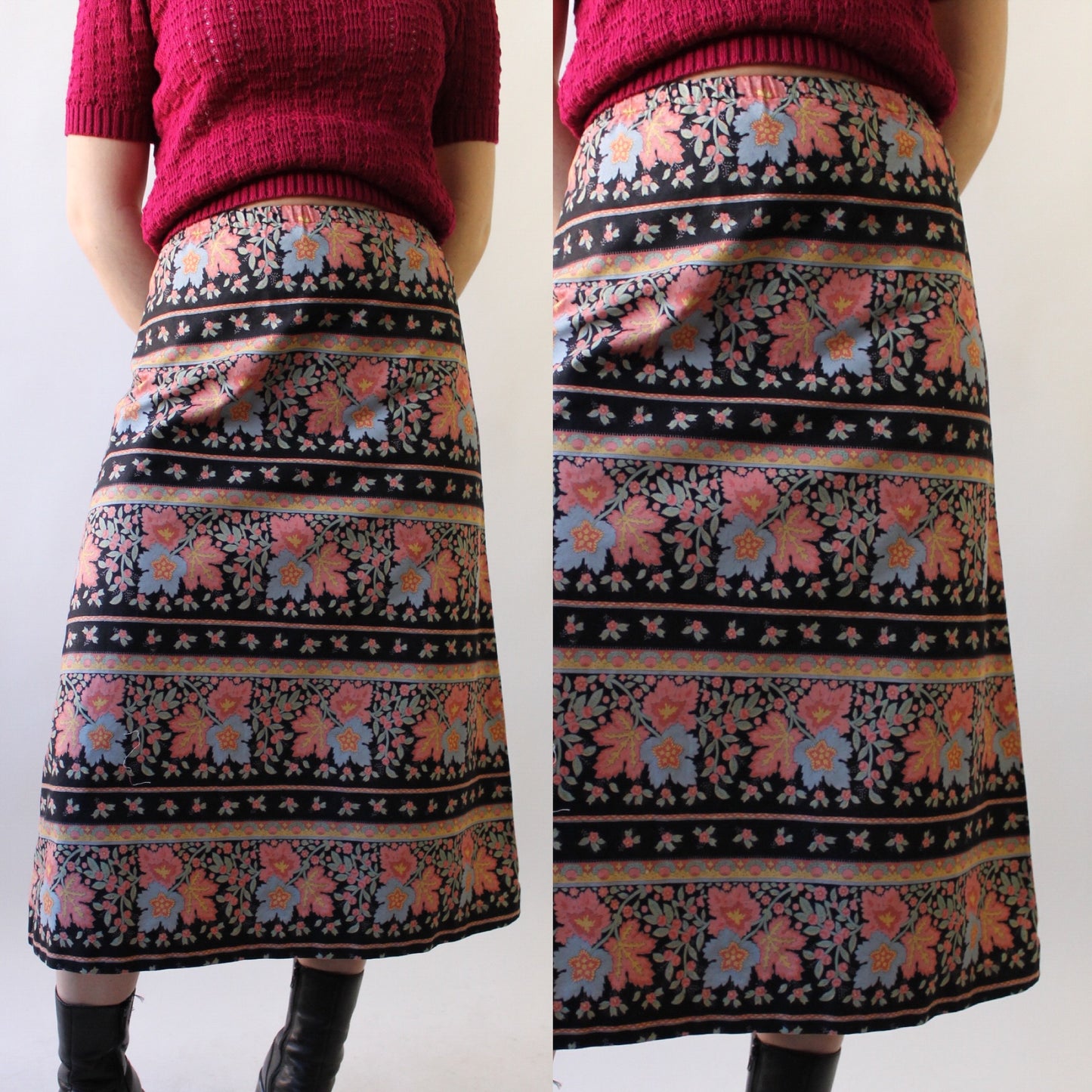 90s Floral on Black Printed Midi Skirt