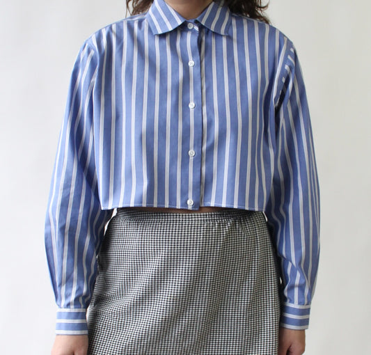 Reworked Blue Striped Cropped Button Up