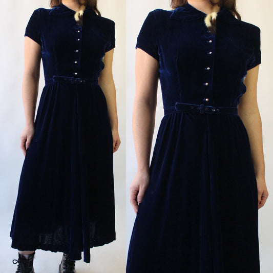 40s Blue Velvet Dress with Mink Accent