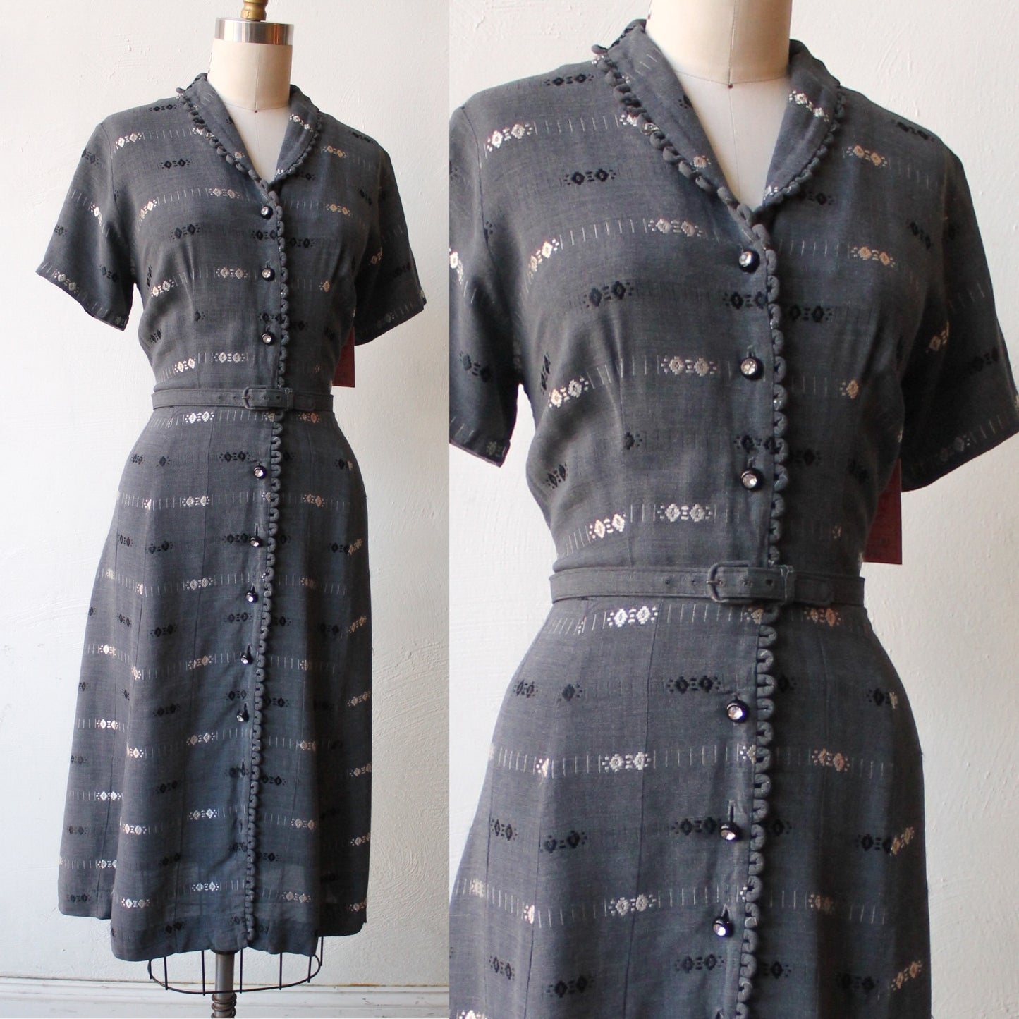 50s Gray Embroidered Dress with Diamond Buttons