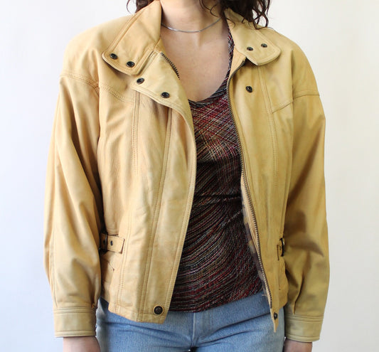 90s Adventure Bound Khaki Leather Jacket with Cinched Waist