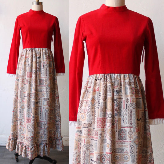 60s Boho Red Corduroy Maxi Dress with Needlepoint Skirt