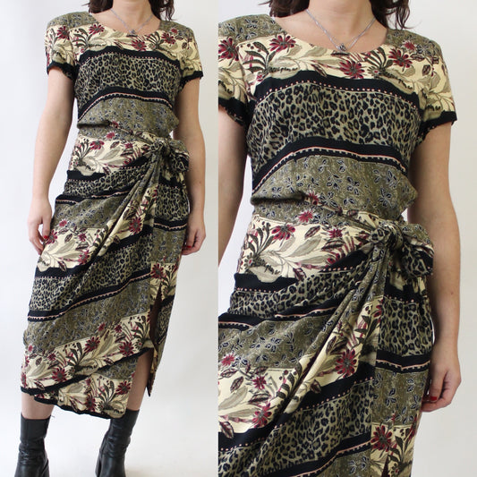 90s Print Rayon Dress with Wrap Look