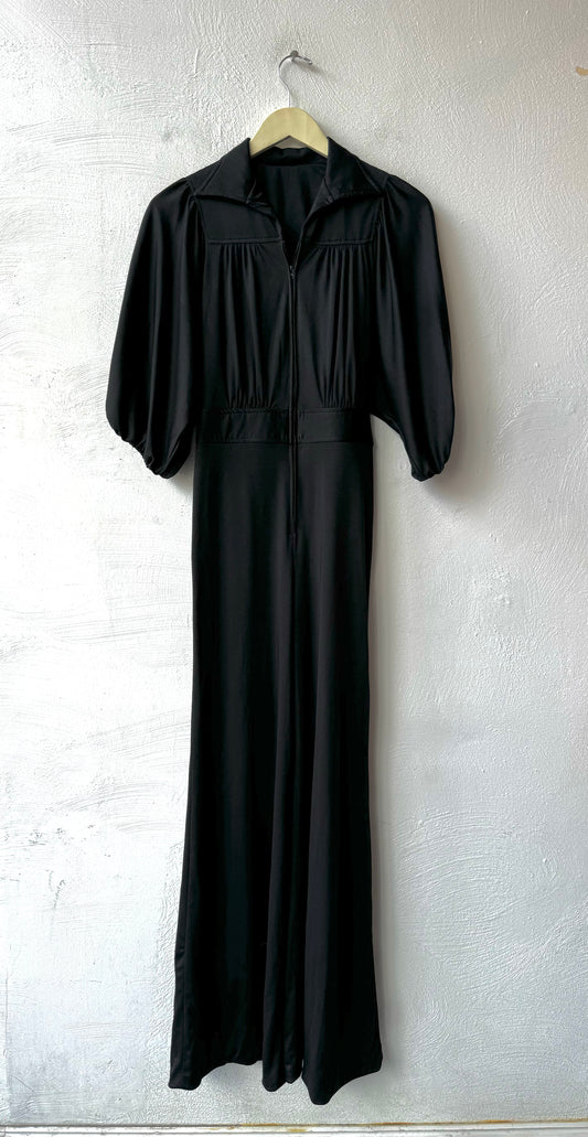 70s Wide Leg Black Poly Jumpsuit