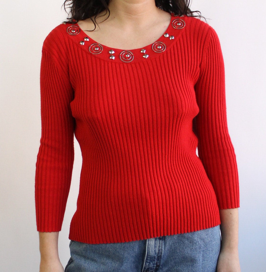 90s Ribbed Red Sweater with Silver Charms