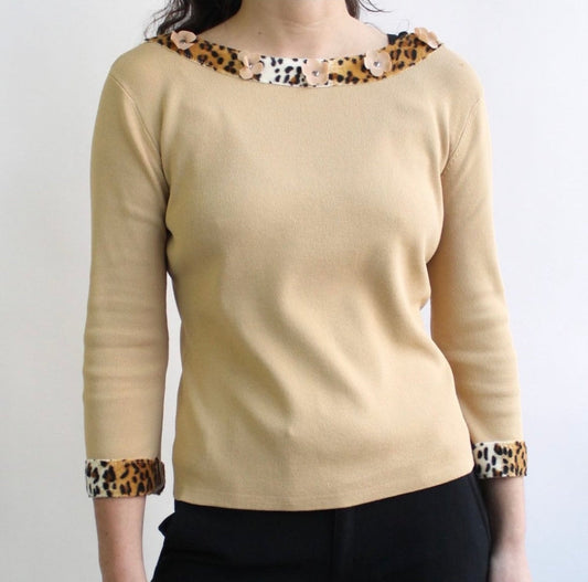 Y2K Tan Boat Neck Top with Cheetah Trim