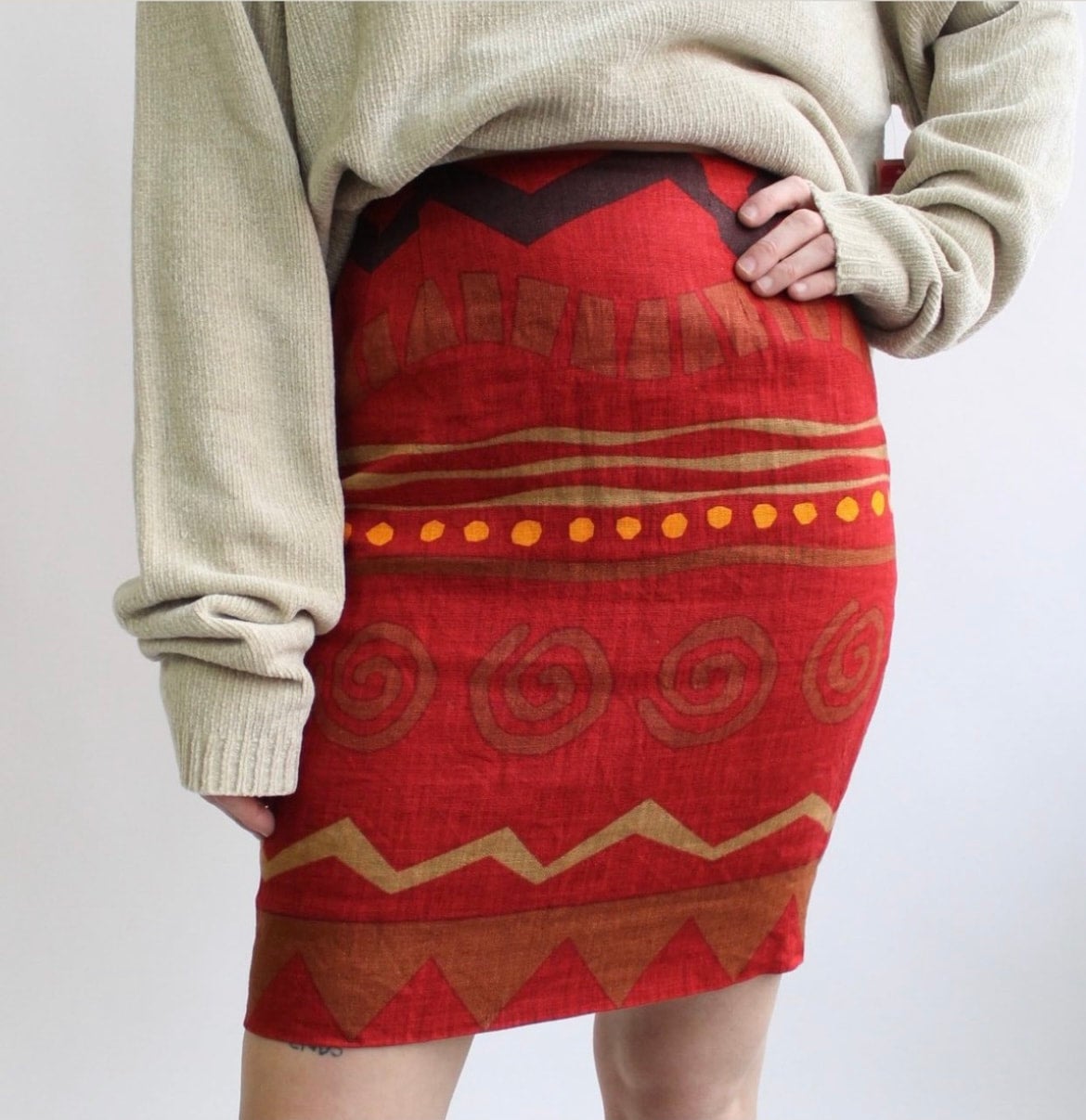 90s Linen Pencil Skirt with Print