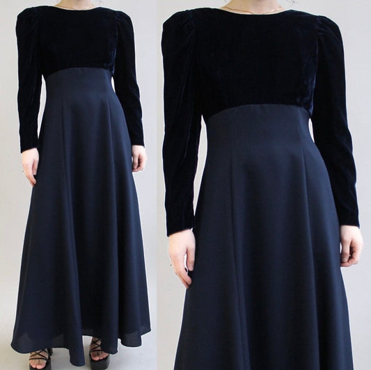 90s Navy Velvet and Crepe Gown