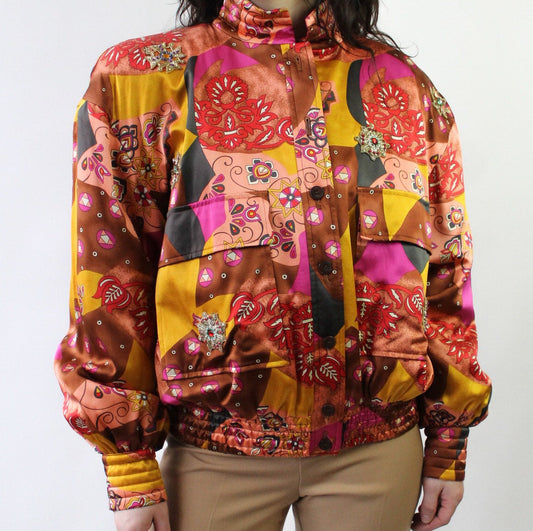 80s Escada Satin Bomber Jacket with Gold Bullion Medallions