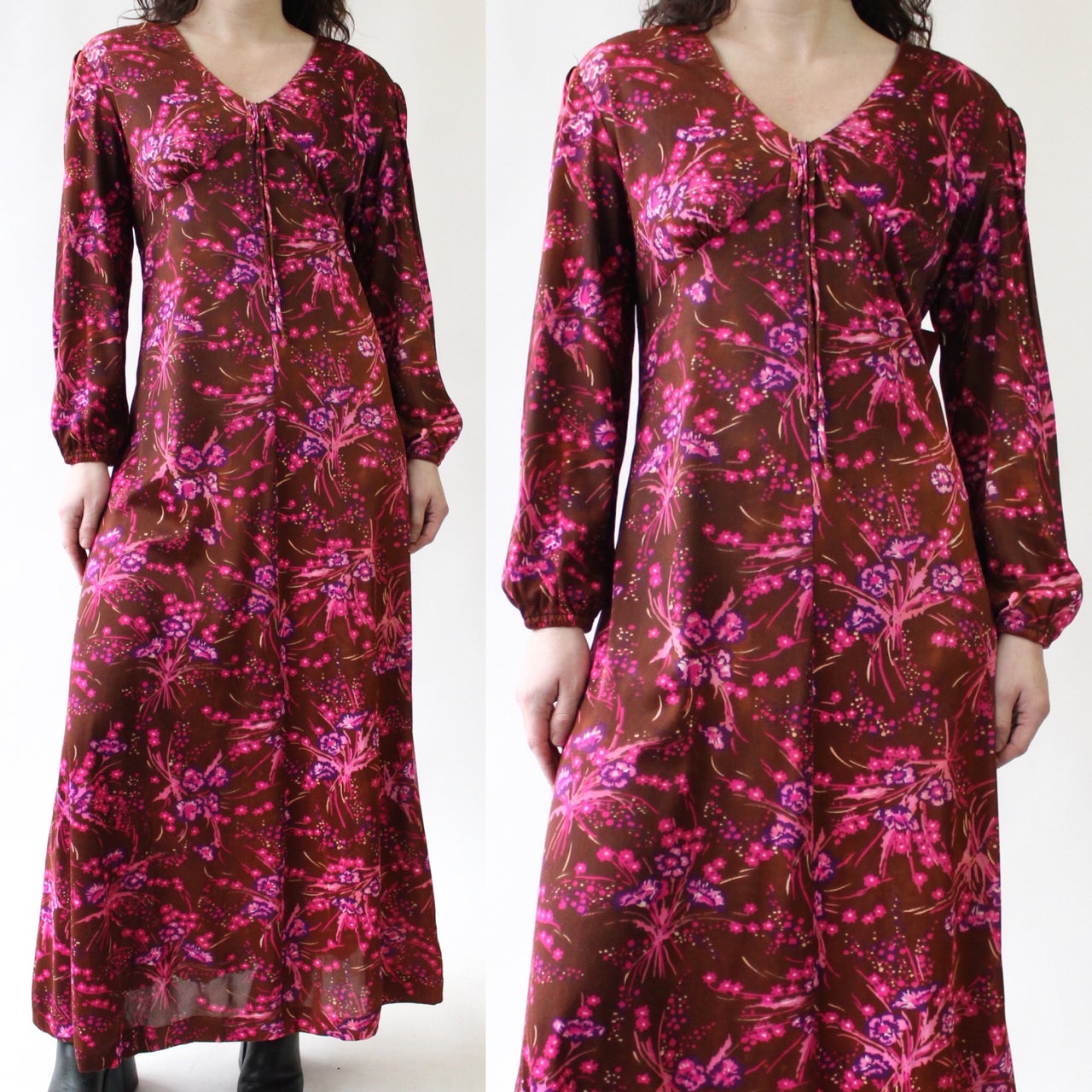 70s Brown Poly Maxi Dress with Fuchsia Floral Print