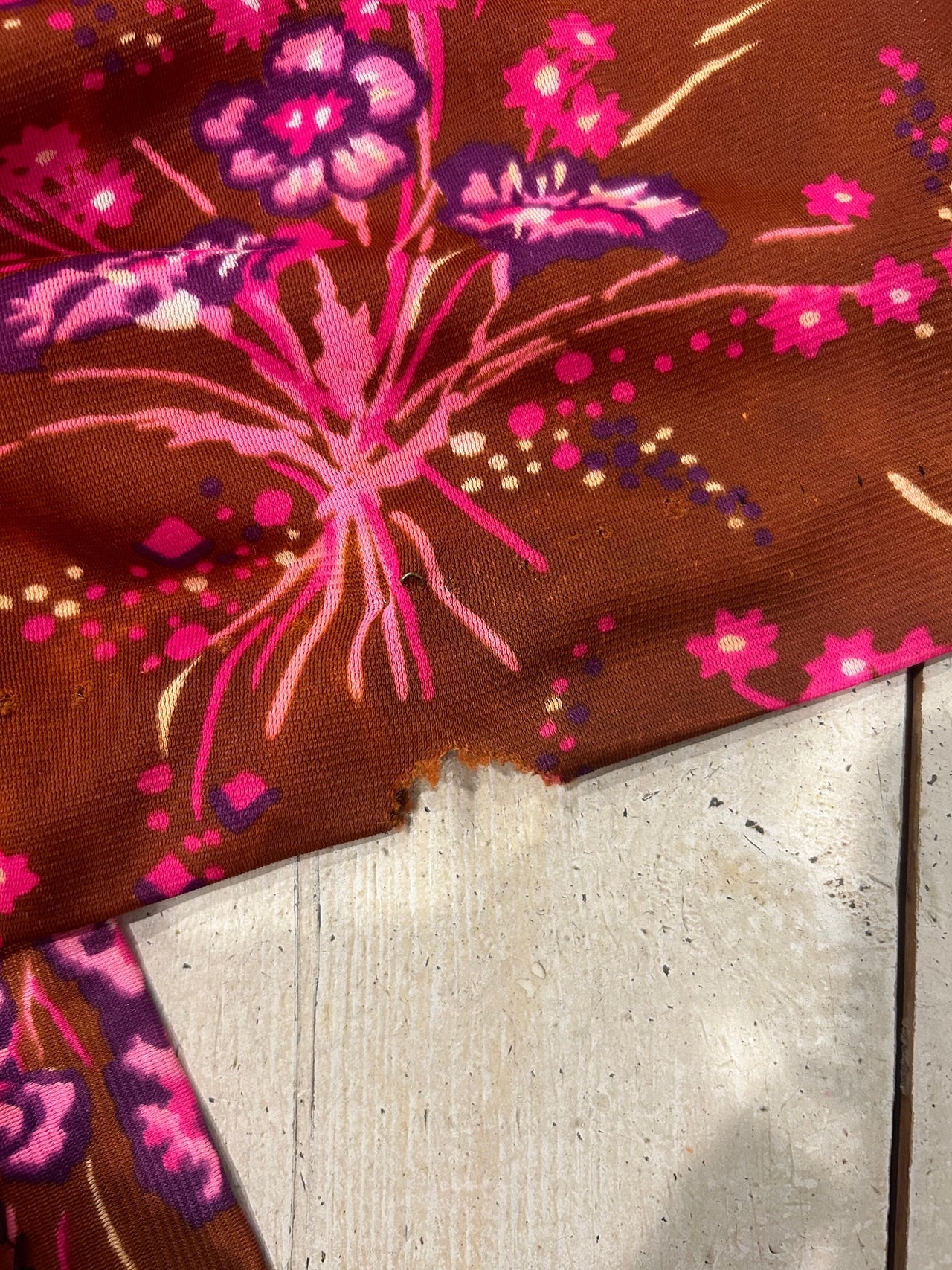 70s Brown Poly Maxi Dress with Fuchsia Floral Print